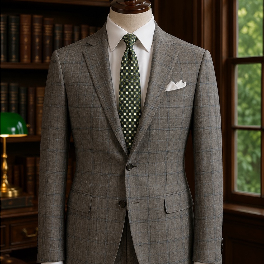 Kiton 100% Cashmere Suit with Hunter Green Windowpane + Petronius Silk Tie